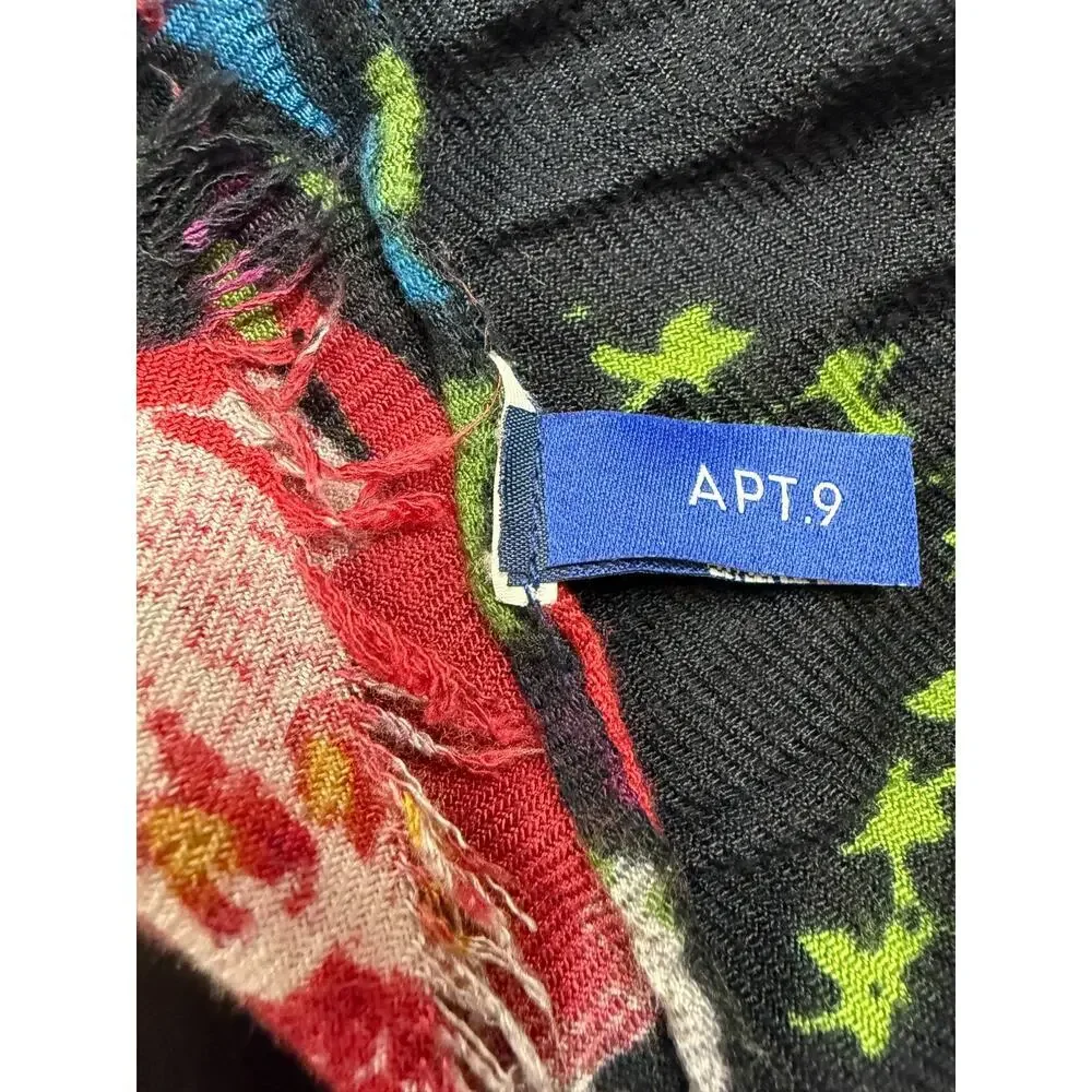 APT. 9 Black Floral Bird Scarf Oversized Lightweight Wrap Short Fringe 78x19